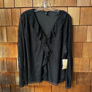 NWT Halogen Black V-Neck Ruffle Detail Long Sleeve Lace Blouse in Women's XXL